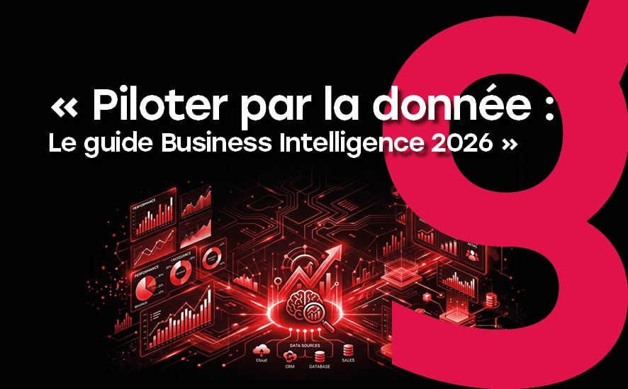Graphique moderne de Business Intelligence et d'analyse de données sur fond noir et rouge vif, illustrant des tableaux de bord et des indicateurs de performance.