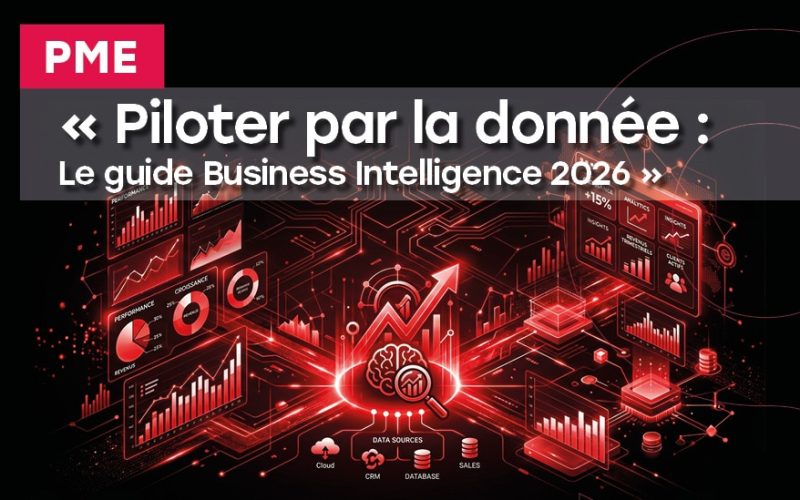 Graphique moderne de Business Intelligence et d'analyse de données sur fond noir et rouge vif, illustrant des tableaux de bord et des indicateurs de performance.