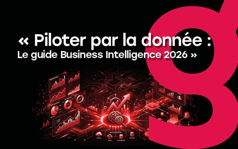 Graphique moderne de Business Intelligence et d'analyse de données sur fond noir et rouge vif, illustrant des tableaux de bord et des indicateurs de performance.